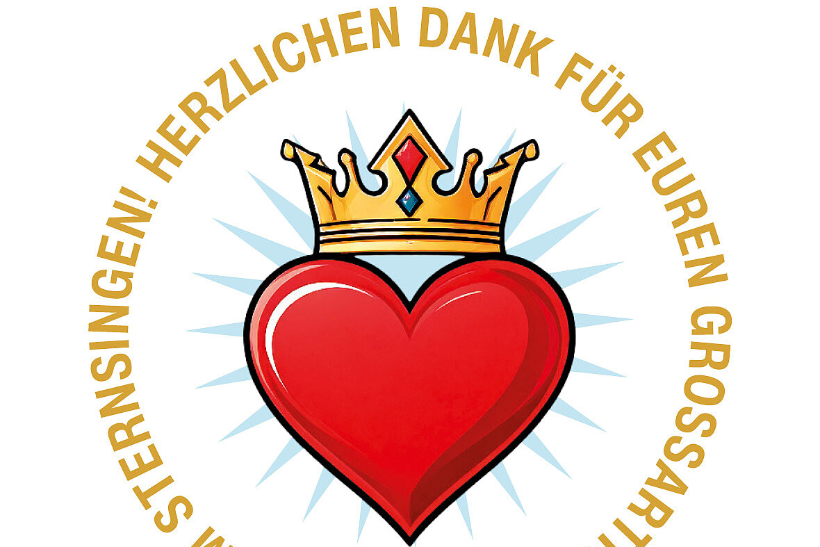 Das Bild zeigt ein rotes Herz mit einer goldenen Krone darüber. Rund um das Herz steht der Text: „Herzlichen Dank für euren großen Einsatz beim Sternsingen!“