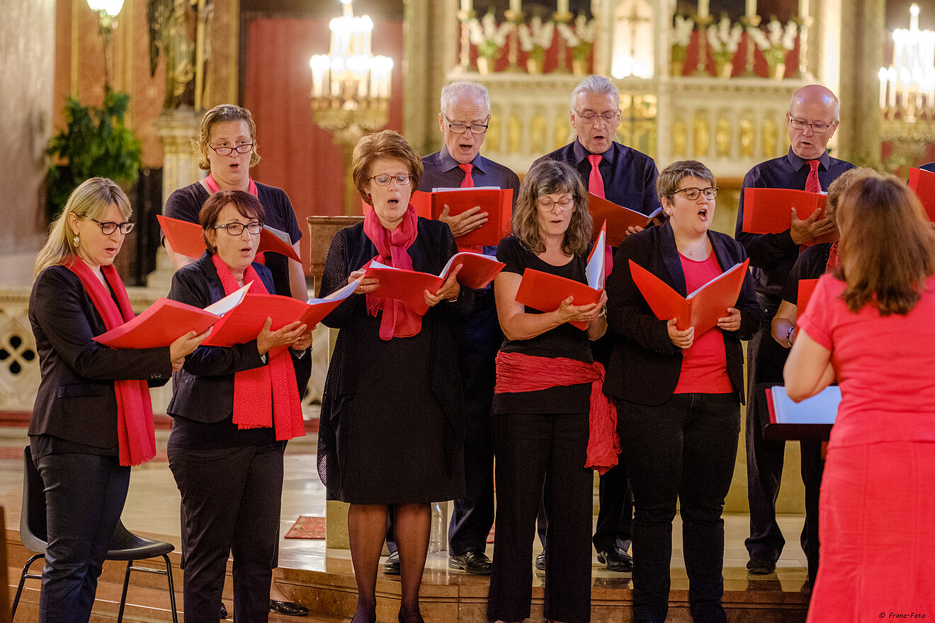 Der Chor „Vielstimmig“ der Pfarre Altlerchenfeld in Wien singt für Bauernfamilien in Brasilien. Foto: Peleska Mehrere Personen in schwarz-roter Kleidung singen gemeinsam als Chor.