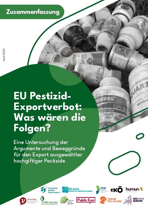 Das Cover einer Publikation zeigt im oberen Bereich eine schwarz-weiße Fotografie von mehreren Dosen und Behältern, die scheinbar Pestizide enthalten. Der untere Bereich ist grün mit weißer Schrift. Verschiedene Logos von Organisationen sind am unteren Rand zu sehen.