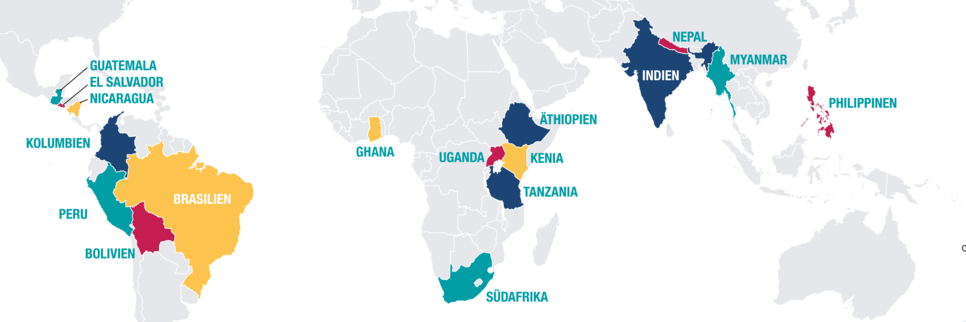 Weltkarte mit Fokus auf Asien, Afrika, Südamerika und farblich hervorgehobenen Partnerländern